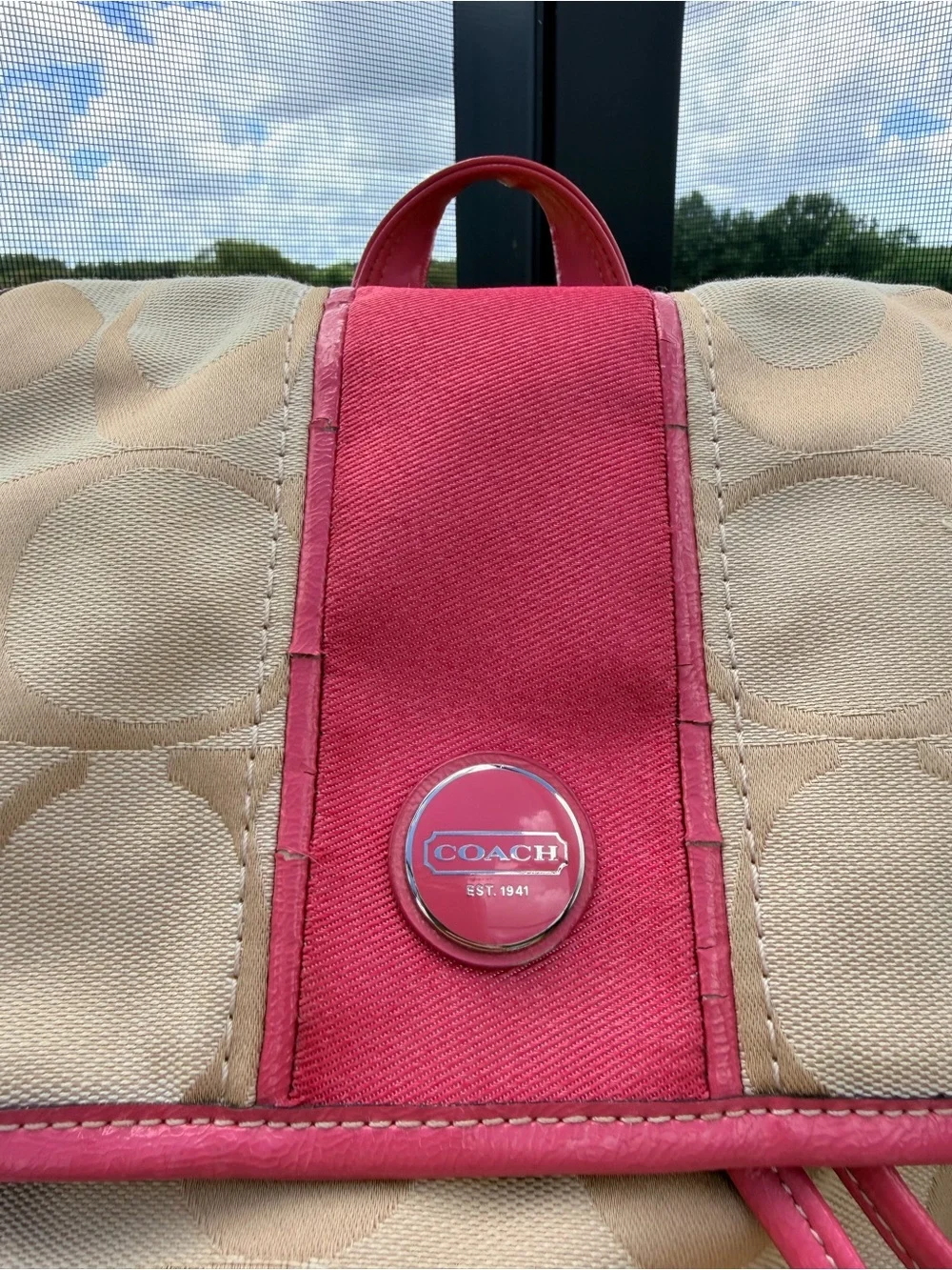 Coach F21928 Signature Stripe Backpack Khaki Pink Coral Y2K Jacquard